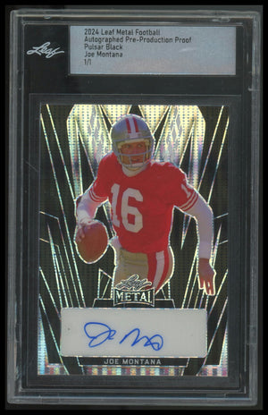 2024 Leaf Metal Football #1/1 Joe Montana Pulsar Black Pre-Production Proof Card