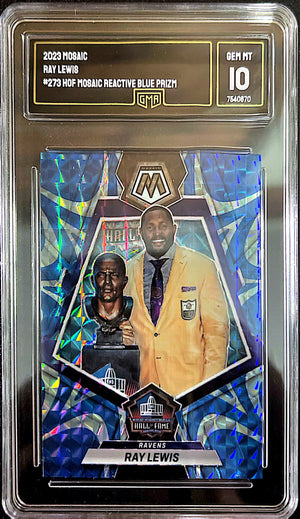 2023 Panini Mosaic Hall of Fame #273 Ray Lewis Reactive Blue Mosaic Prizm GMA 10 Card