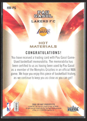 2008-09 Fleer Hot Prospects #HM-PG Pau Gasol Hot Materials Patches #/1