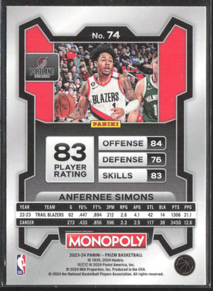 2023-24 Panini Prizm Monopoly #74 Anfernee Simons