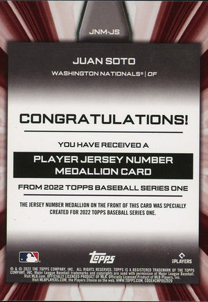 2022 Topps #JNM-JS Juan Soto Player Jersey Number Medallion