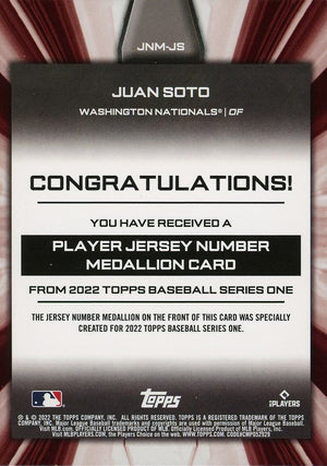 2022 Topps #JNM-JS Juan Soto Player Jersey Number Medallion Relics