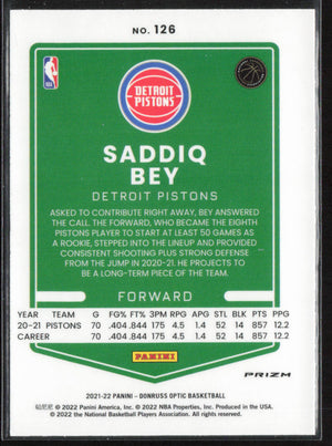 2021-22 Donruss Optic #126 Saddiq Bey Purple