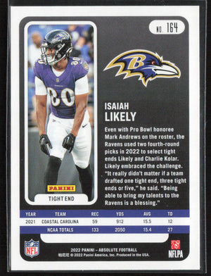 2022 Panini Absolute #164 Isaiah Likely Retail