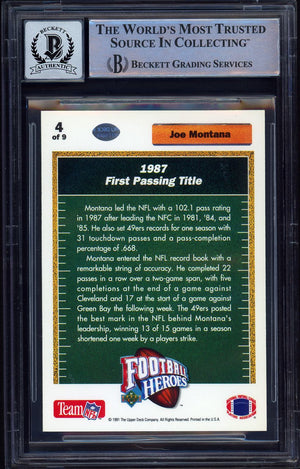 1991 Upper Deck #4 Joe Montana #4 Football Heroes: Joe Montana BGS 10 On card