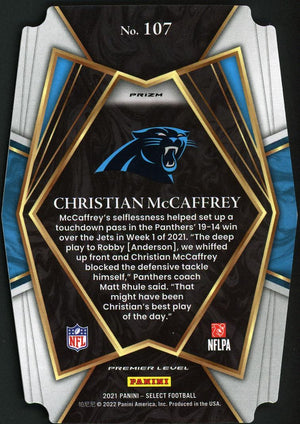 2021 Panini Select #107 Christian McCaffrey Green and Yellow Prizm Die Cut