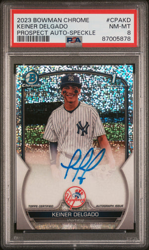 2023 Bowman Chrome Prospect #CPAKD Keiner Delgado Auto-Speckle Ref PSA 8