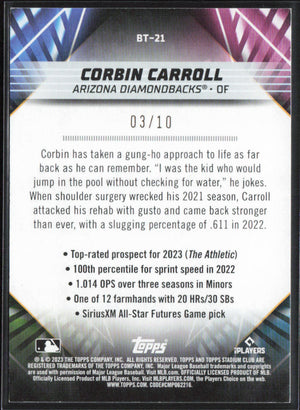 2023 Stadium Club #BT-21 Corbin Carroll Beam Team Orange #/10