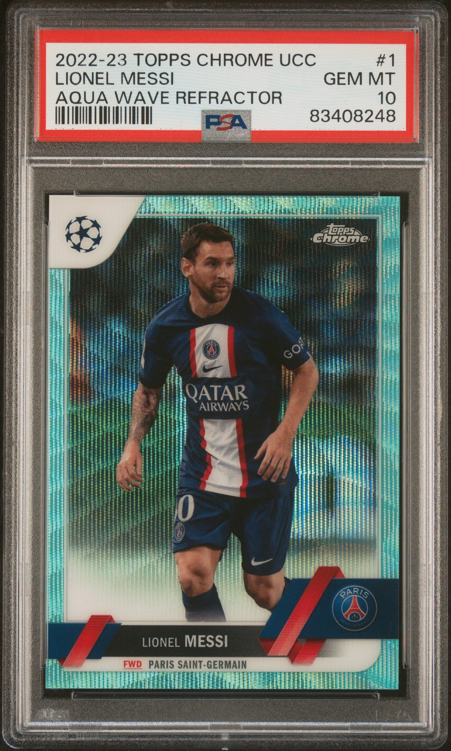 2022-23 Topps Chrome Uefa Club Competitions #1 Lionel Messi Aqua Wave PSA 10