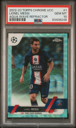 2022-23 Topps Chrome Uefa Club Competitions #1 Lionel Messi Aqua Wave PSA 10