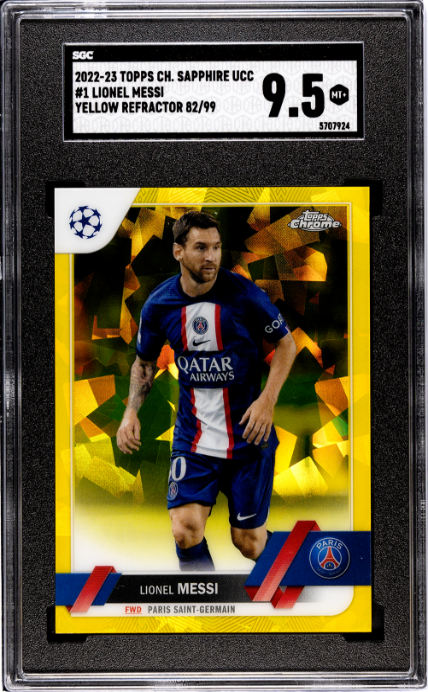 2022-23 Topps Chrome Sapphire Ucc #1 Lionel Messi Yellow Refractor SGC 9.5