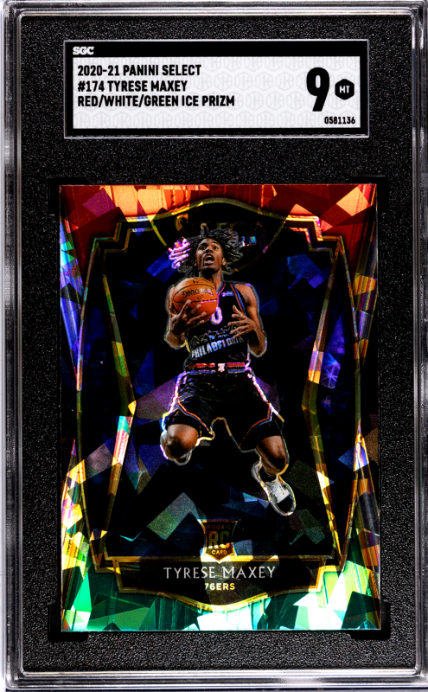 2020-21 Panini Select #174 Tyrese Maxey Red/White/Green Ice Prizm SGC 9