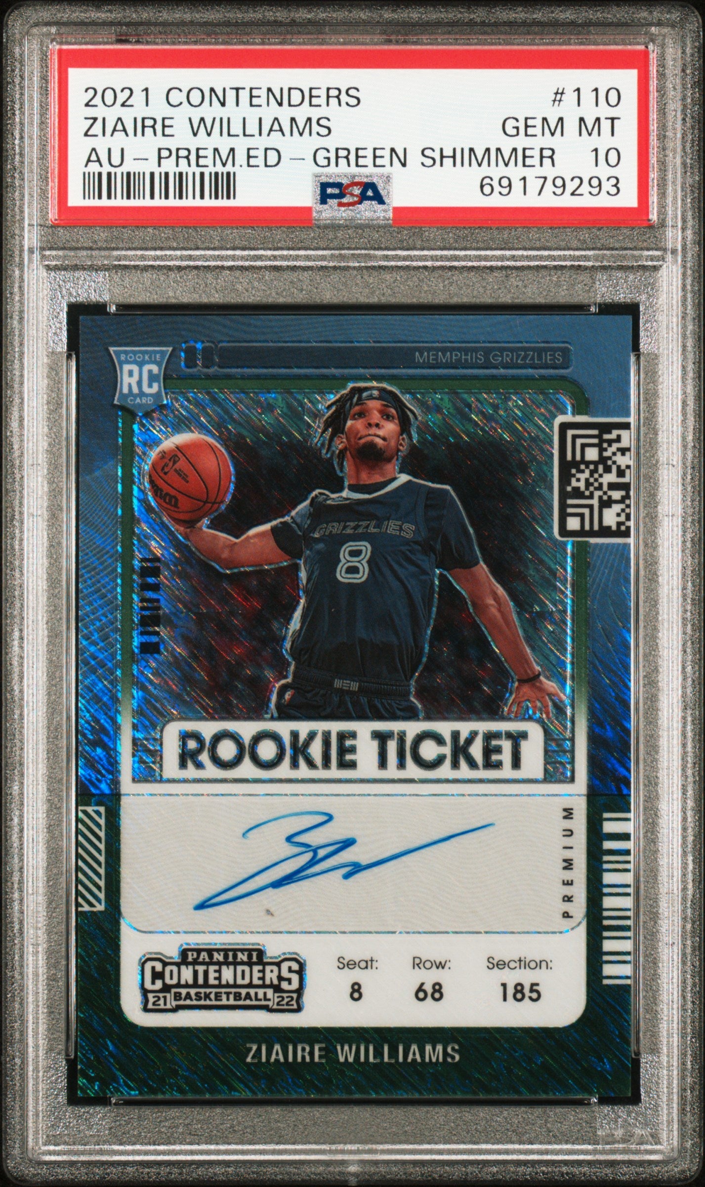 2021 Panini Contenders #110 Ziaire Williams Au-Prem.Ed-Green Shimmer PSA 10