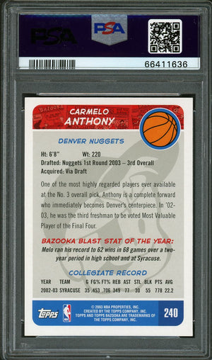 2003 Bazooka #240 Carmelo Anthony White Jersey White PSA 10