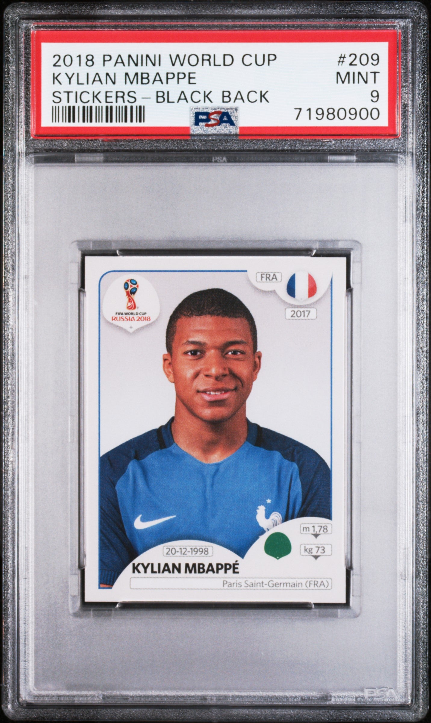 2018 Panini World Cup Stickers #209 Kylian Mbappe Stickers-Black Back PSA 9