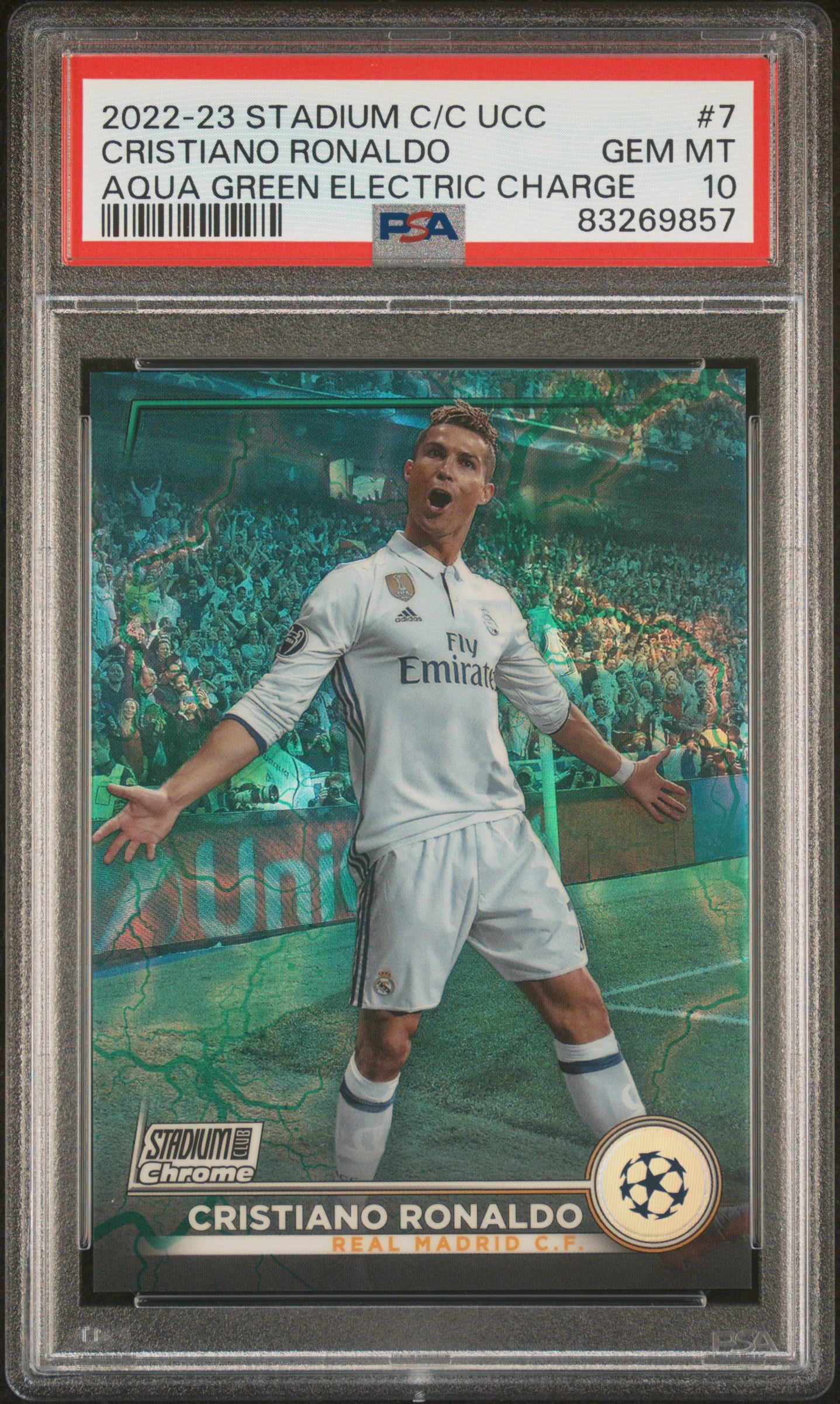 2022-23 Topps Stadium Club Chrome Uefa #7 Cristiano Ronaldo Aq Grn Ref PSA 10
