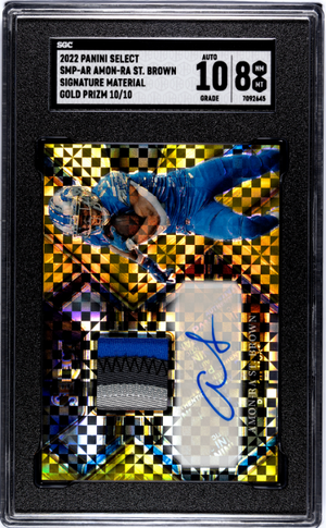 2022 Panini Select #SMP-AR Amon-Ra St. Brown Sig. Mat. Gold Prizm /10 SGC 8