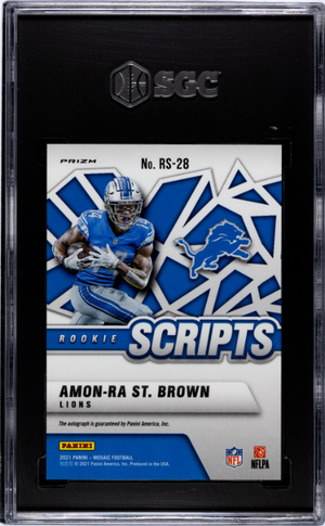 2021 Panini Mosaic #RS-28 Amon-Ra St. Brown Rookie Scripts Orange Prizm SGC 10