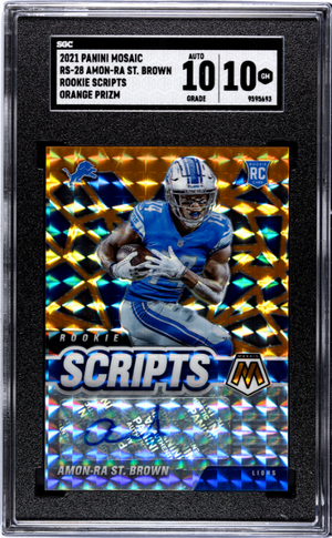 2021 Panini Mosaic #RS-28 Amon-Ra St. Brown Rookie Scripts Orange Prizm SGC 10