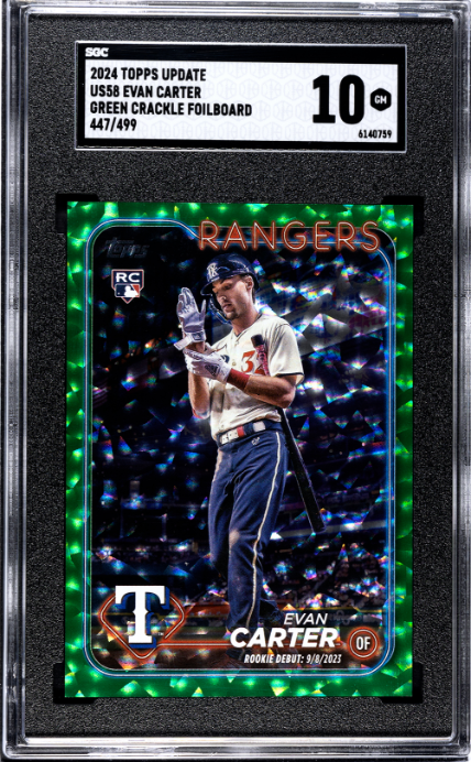 2024 Topps Update #US58 Evan Carter Green Crackle Foilboard 10