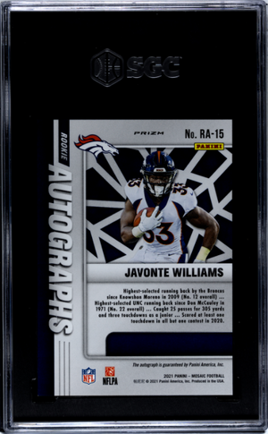 2021 Panini Mosaic #RA-15 Javonte Williams Rookie Autos. SGC 9.5
