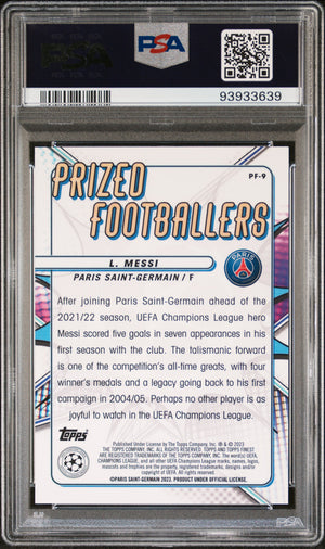 2022-23 Topps Finest UEFA Club Comp Prized ballers Lionel Messi  Org Ref PSA 10